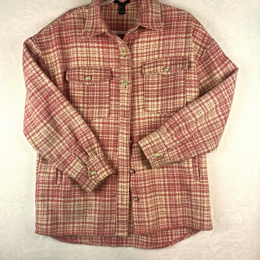 Forever 21 Women’s Pink Ivory Plaid Tweed Shacket Jacket Button Front Sz S MPN